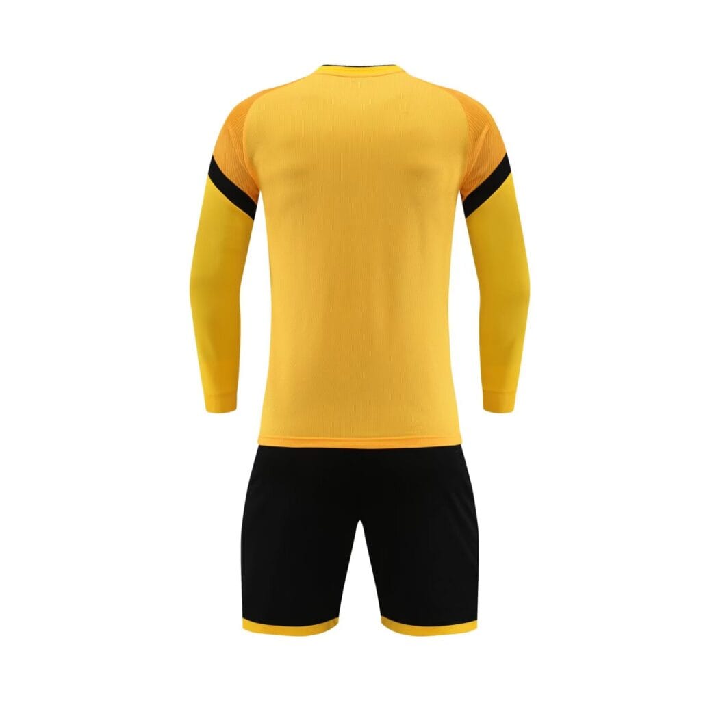 Yellow Long Sleeve Custom Soccer Jersey Set Back View, Mesh Breathable Football Uniform with Black Shorts