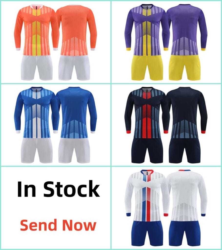 Multi Color Long Sleeve Custom Soccer Jersey Set, Full Sublimation Football Uniform Kit, In Stock