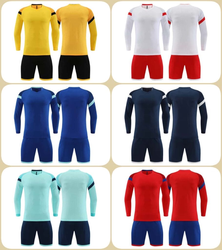 Multi Color Long Sleeve Soccer Jersey Set Collection, 6 Colors Custom Football Uniform Kit In Stock