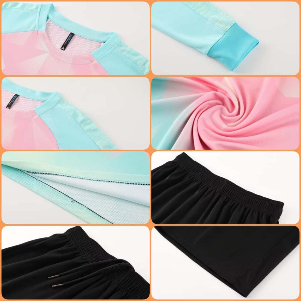 Pink Cyan Gradient Soccer Jersey Real Shot Details, Collar, Cuff, Fabric and Shorts Closeup