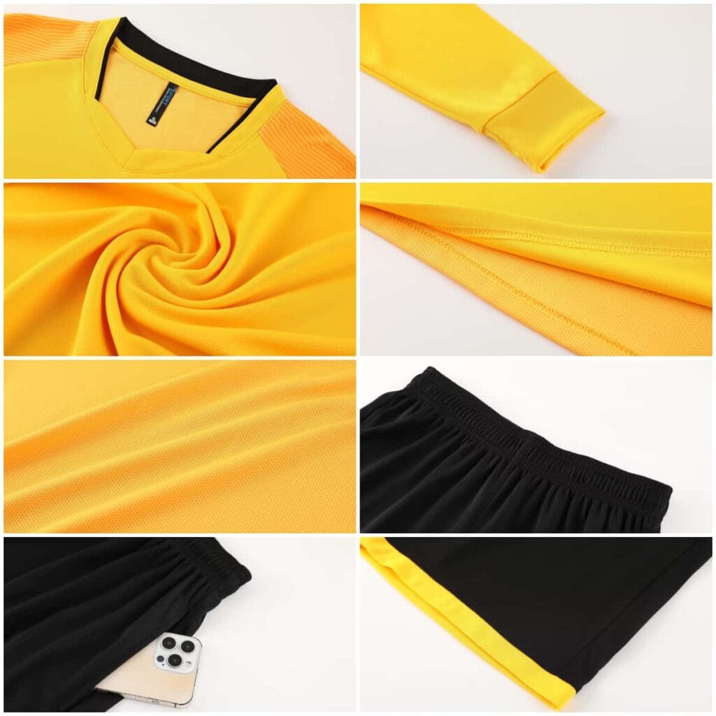 Yellow Long Sleeve Soccer Jersey Real Shot Details, Collar, Fabric Texture, Cuff and Shorts Closeup