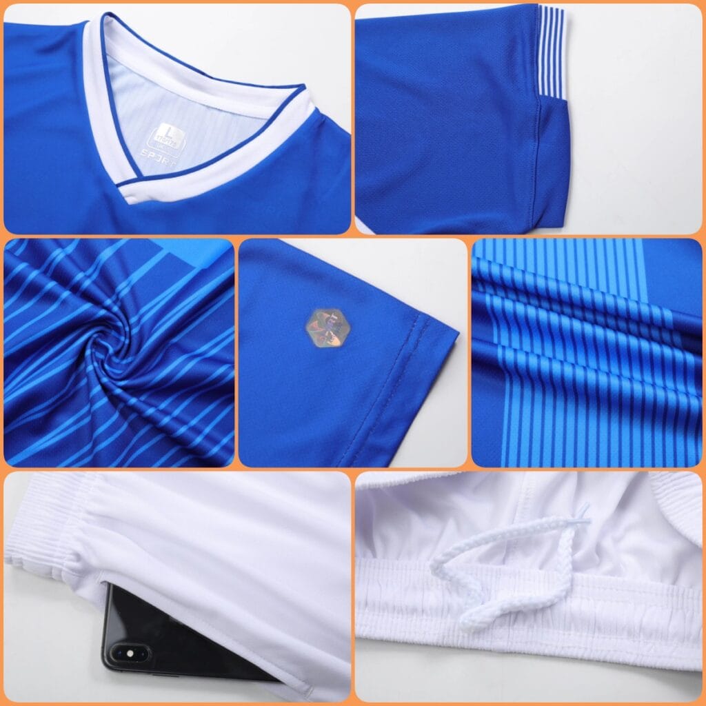 Soccer Jersey Fabric Detail, V Collar, Cuff, Waistband, Drawstring & Sublimation Print Closeup
