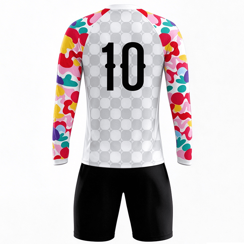 Tensuit custom long sleeve football jersey set back view, white checkerboard soccer suit with colorful camo sleeves and big number