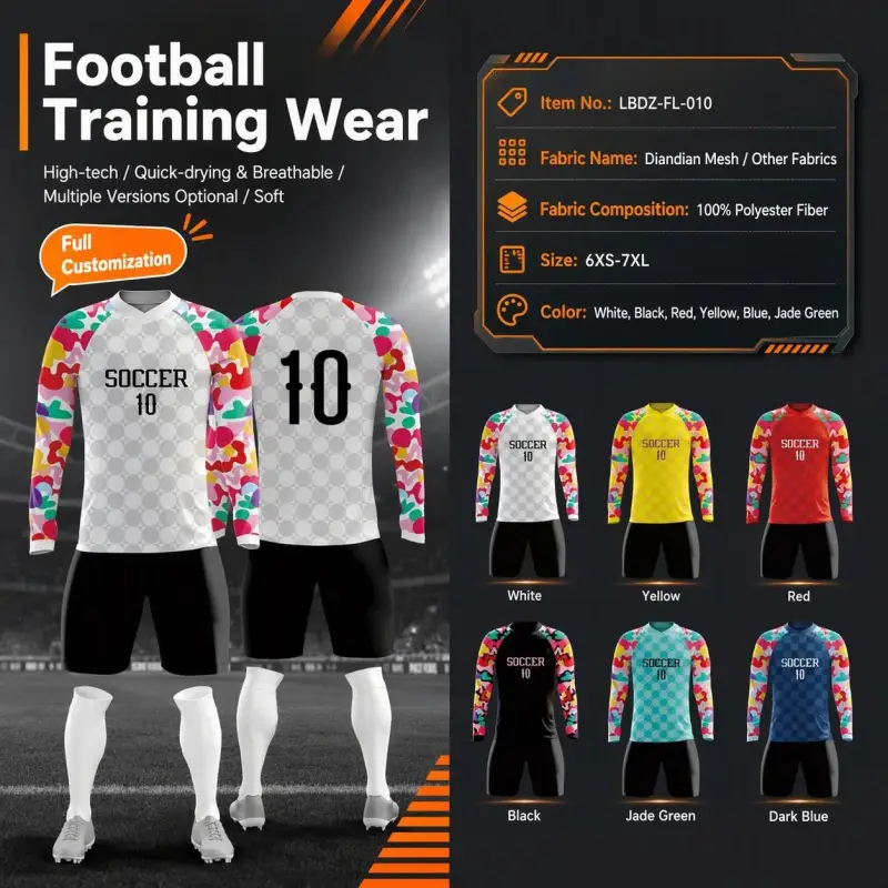 Tensuit custom long sleeve football training wear specification poster, multi color soccer uniform options white black red yellow blue jade green