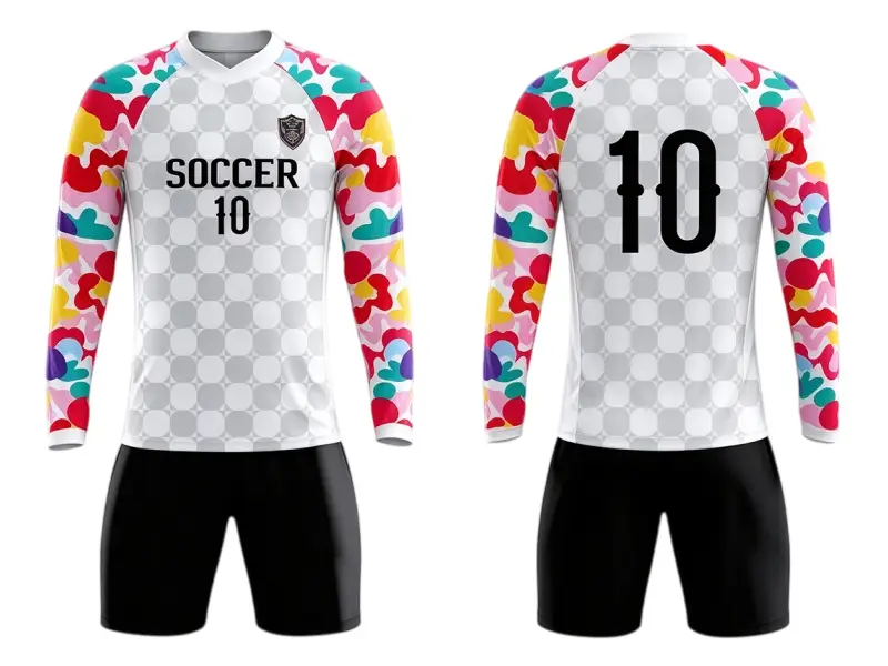 Tensuit custom long sleeve soccer jersey set front and back view, white checkerboard football uniform with colorful camo sleeves number