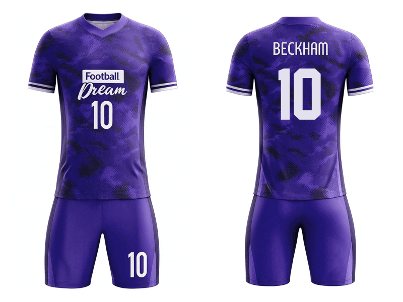 Tensuit custom purple camo football jersey set front and back view, quick dry soccer uniform with number 10