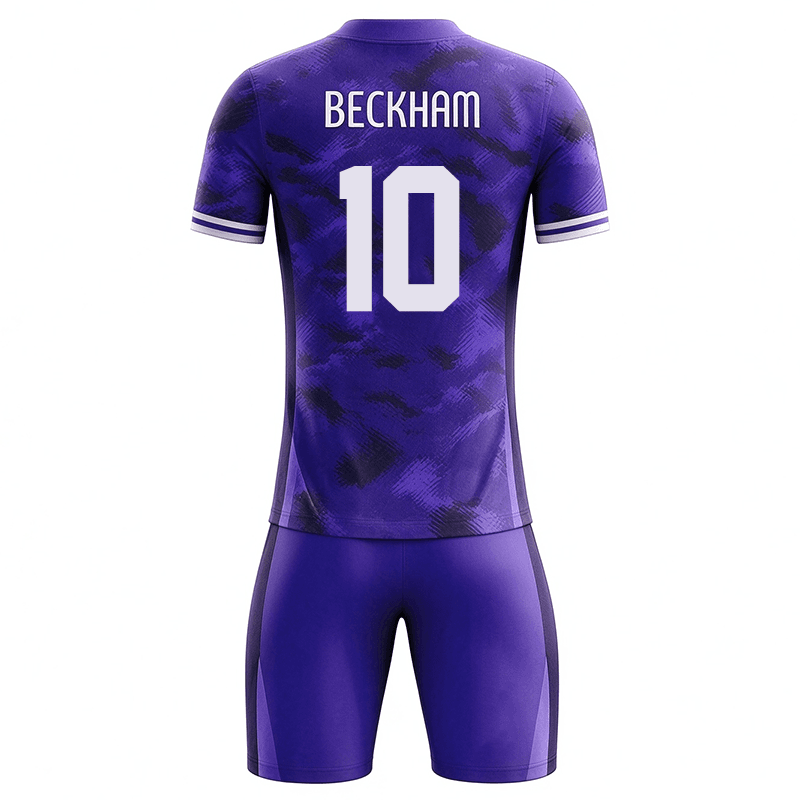 Tensuit custom purple camo football jersey set back view, soccer suit printed BECKHAM and number 10