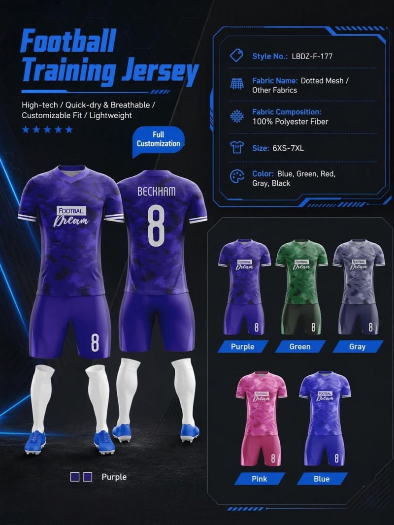 Tensuit custom football training jersey specification poster, multi color soccer uniform, purple green gray pink blue