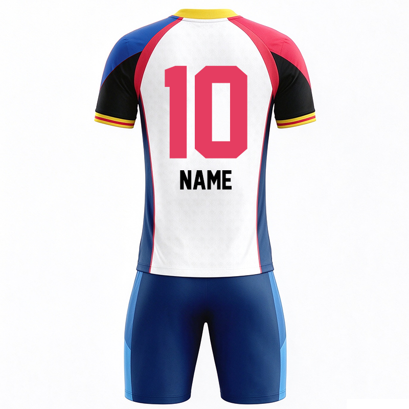 Tensuit custom color block football jersey set back view, soccer suit printed big number 10 and NAME placeholder