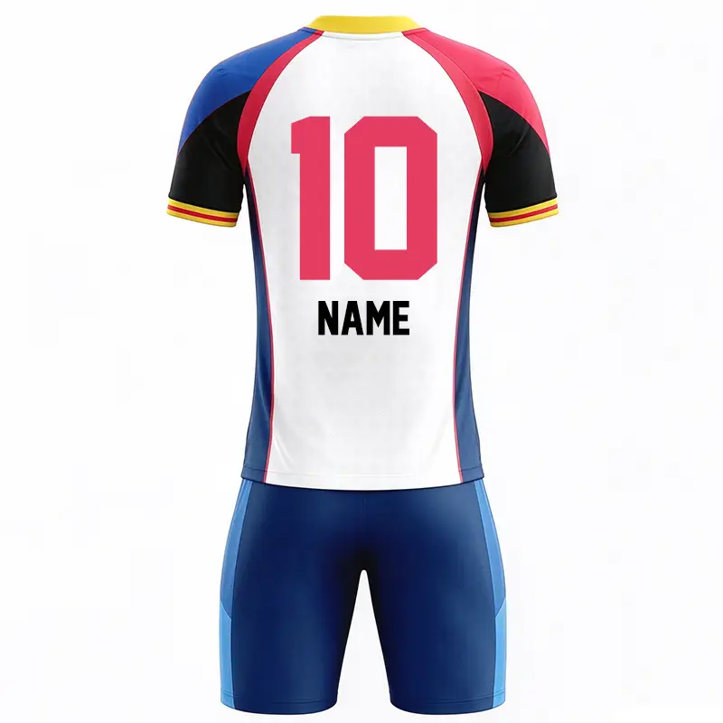Tensuit custom color block football jersey set back view, soccer suit printed big number 10 and NAME placeholder