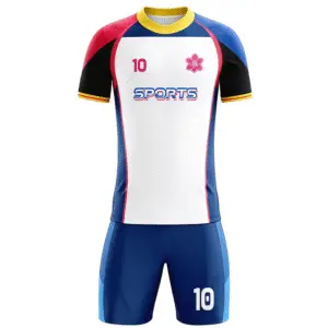 Tensuit custom sublimation football jersey set front view, soccer uniform with SPORTS logo, flower badge and number 10