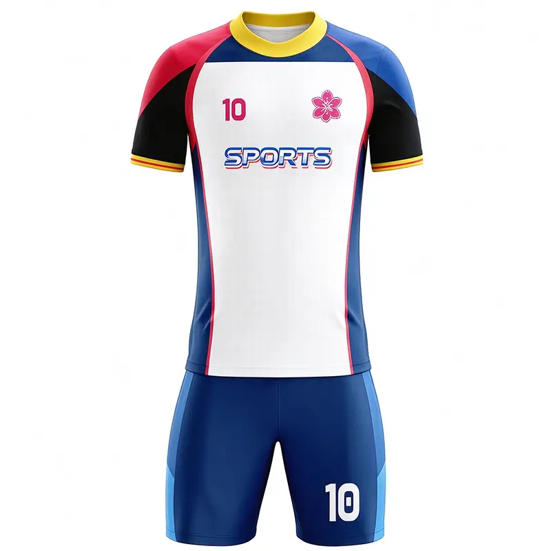 Tensuit custom sublimation football jersey set front view, soccer uniform with SPORTS logo, flower badge and number 10