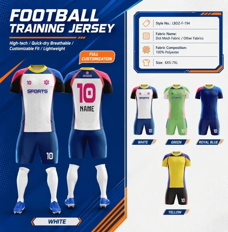 Tensuit custom football training jersey specification poster, multi color soccer uniform options white green royal blue yellow
