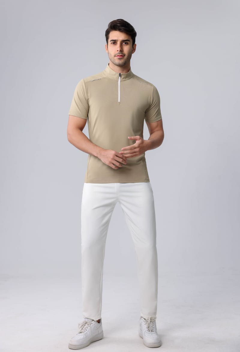 Tensuit P136 khaki quarter zip athletic shirt, male model front view