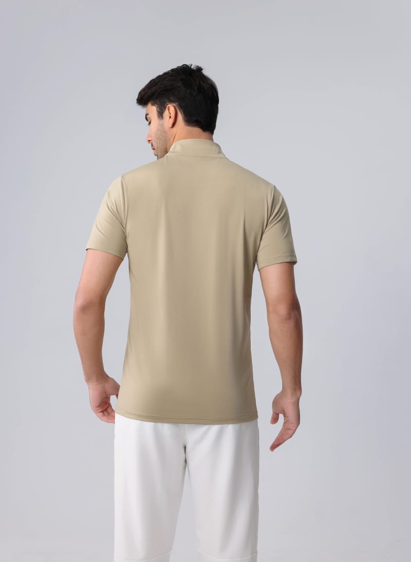 Tensuit P136 khaki quarter zip sports t-shirt, male model back view