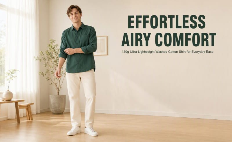 Male model wearing Tensuit dark green 130g sand washed 100% combed cotton long sleeve shirt
