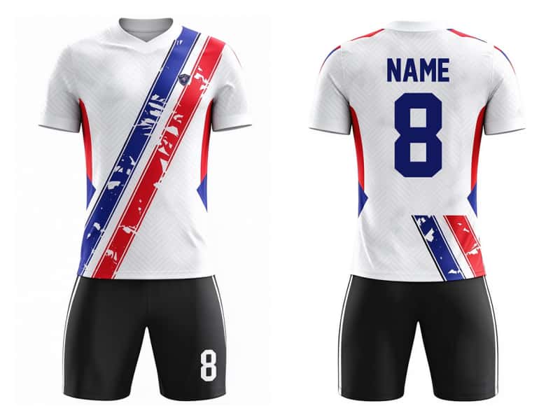 Tensuit custom white diagonal stripe football jersey set front and back view, soccer uniform with number
