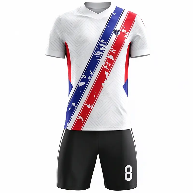 Tensuit custom white diagonal stripe football jersey set front view, soccer suit with red blue slanted graphic and number on shorts