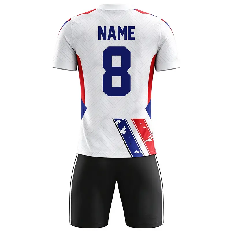 Tensuit custom white diagonal stripe football jersey set back view, soccer uniform printed NAME placeholder and big number