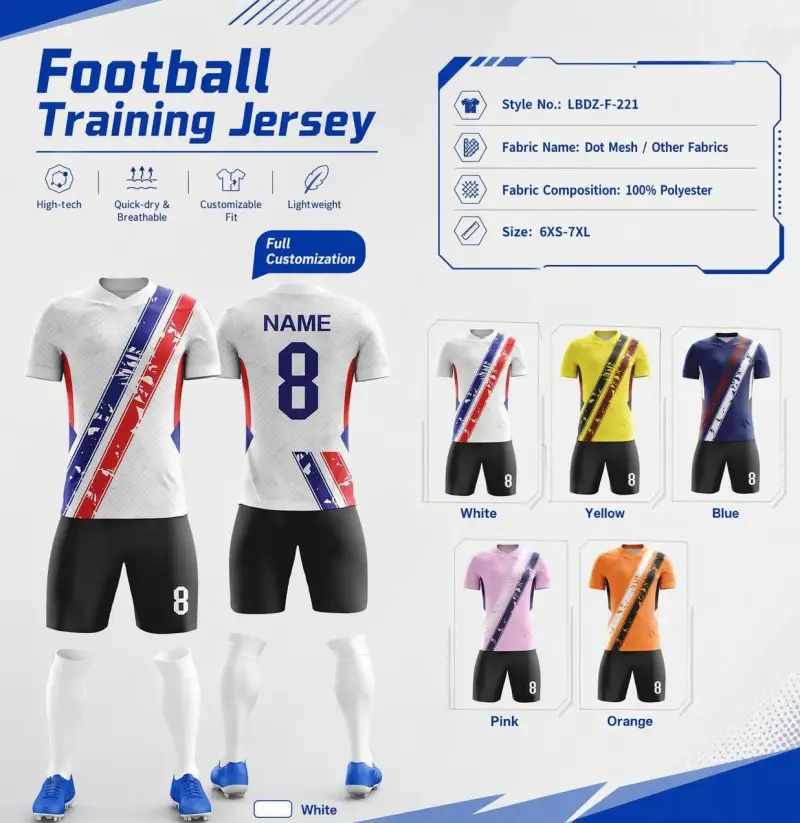 Tensuit custom football training jersey specification poster, multi color soccer uniform options white yellow blue pink orange