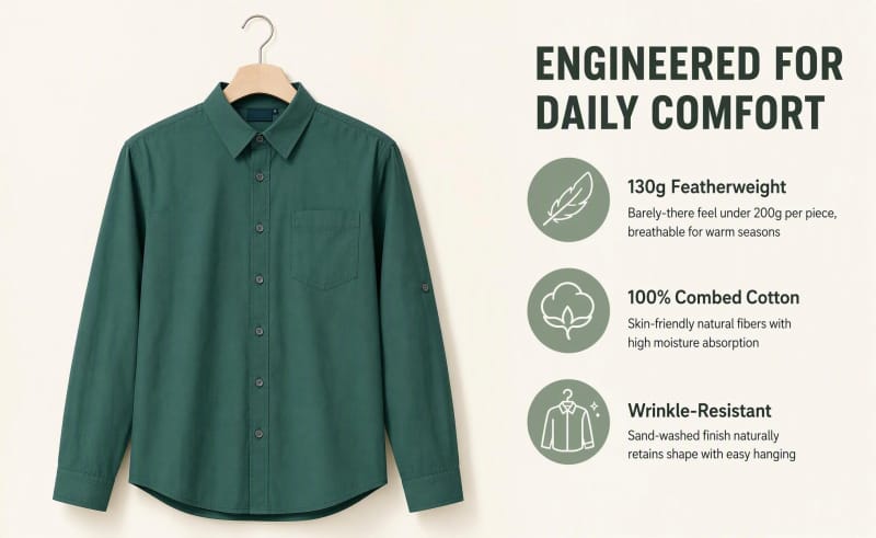 Tensuit dark green men combed cotton shirt on hanger, 130g featherweight wrinkle resistant feature