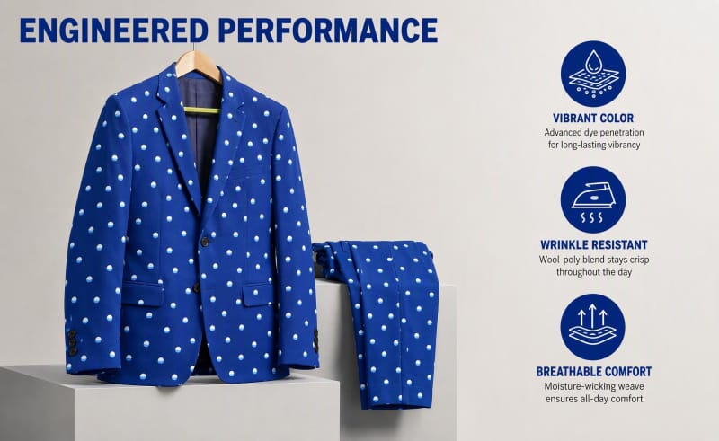 Tensuit custom blue polka dot wool blend suit set display, performance features infographic