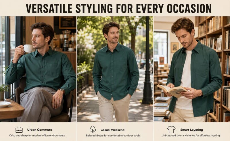 Tensuit green cotton shirt multi occasion collage, urban commute, casual weekend, smart layering