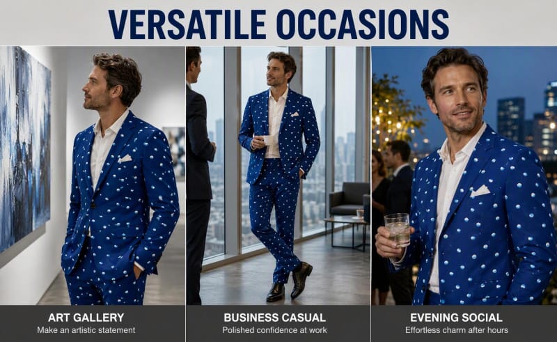 Tensuit custom blue polka dot suit multi occasion collage, art gallery, business casual, evening social