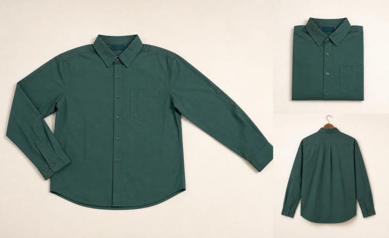 Tensuit dark green men combed cotton shirt 4 view collage, flat lay front, folded, back view