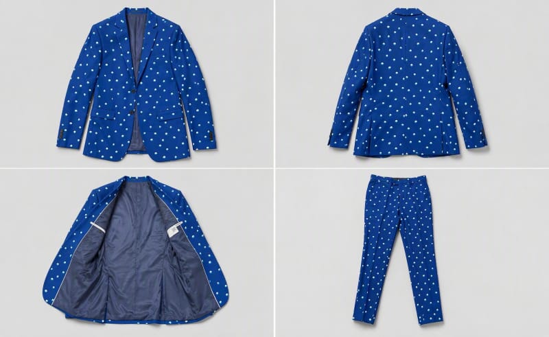 Tensuit custom blue polka dot suit 4 view collage, blazer front, back, inside and matching trousers