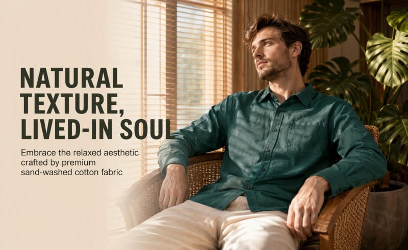 Male model sitting wearing Tensuit sand washed 100% combed cotton dark green long sleeve shirt