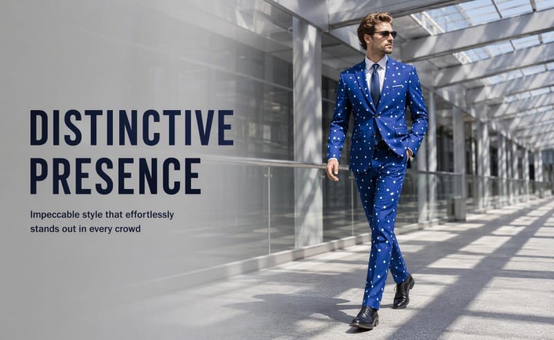 Male model walking wearing Tensuit custom blue polka dot wool blend suit