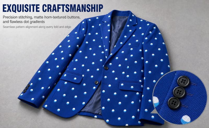 Tensuit custom blue polka dot suit blazer closeup, exquisite craftsmanship and button detail