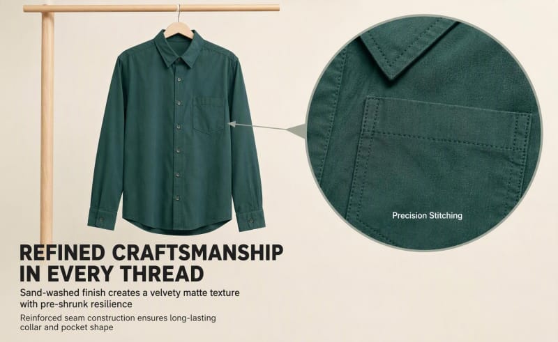 Tensuit green cotton shirt craftsmanship closeup, precision stitching on chest pocket and collar