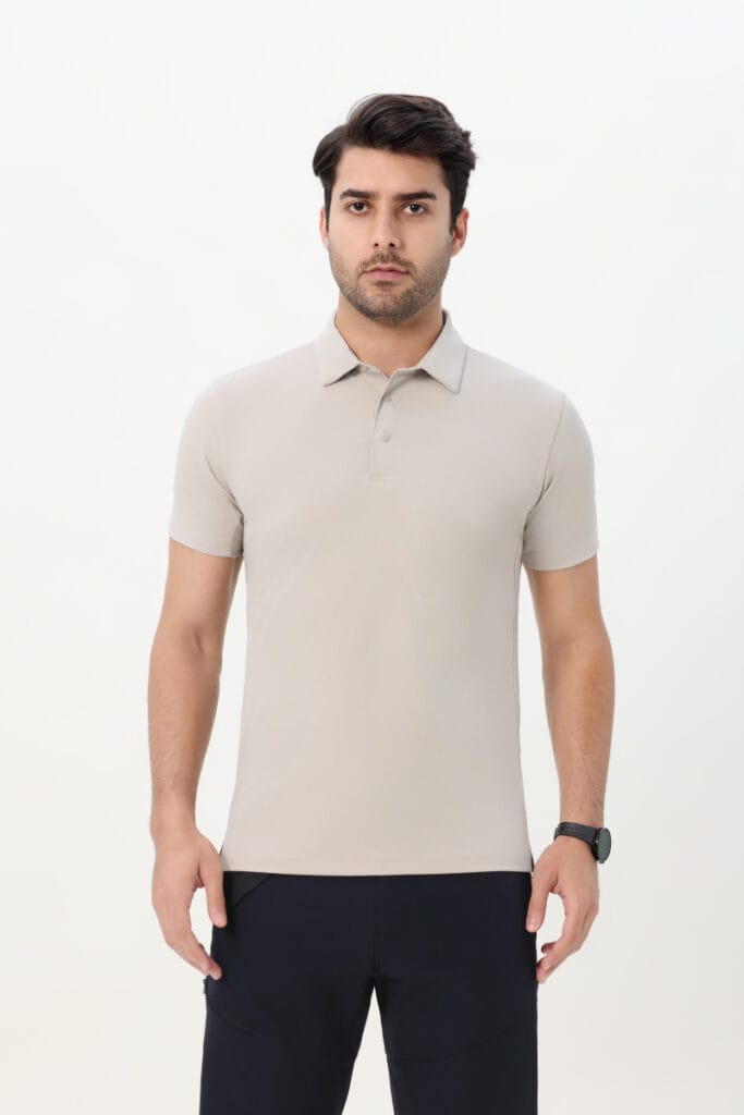 Tensuit P150 beige quick dry polo shirt male model front view