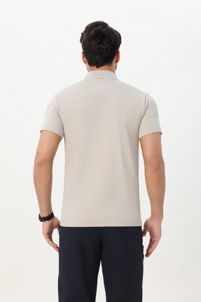 Tensuit P150 beige performance polo shirt male model back view