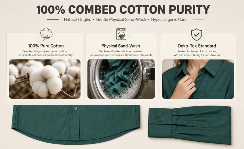 Tensuit 100% combed cotton men shirt fabric infographic, sand washed & Oeko-Tex certified