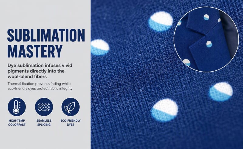 Tensuit custom sublimation print wool blend suit fabric closeup, blue polka dot pattern