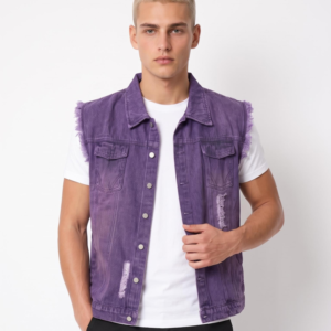 Tensuit men frayed purple vintage denim vest, distressed sleeveless denim jacket street style
