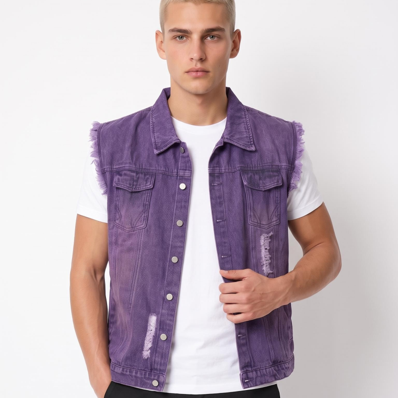 Tensuit men frayed purple vintage denim vest, distressed sleeveless denim jacket street style