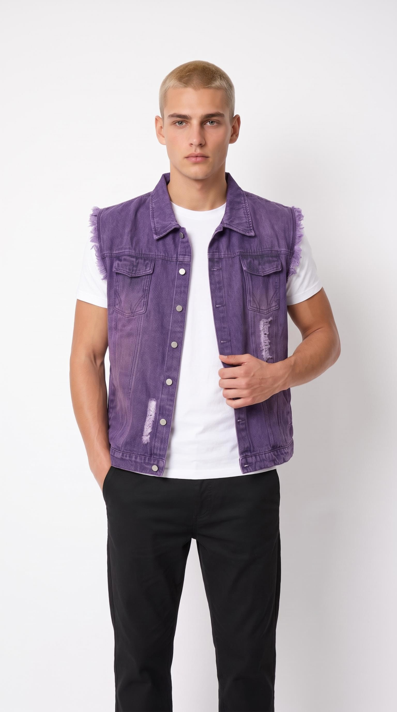 Tensuit men frayed purple vintage denim vest, distressed sleeveless denim jacket street style