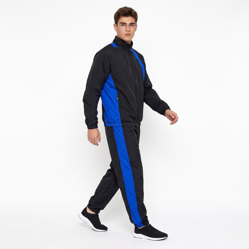 Tensuit men black blue nylon tracksuit side view model wearing athletic training suit