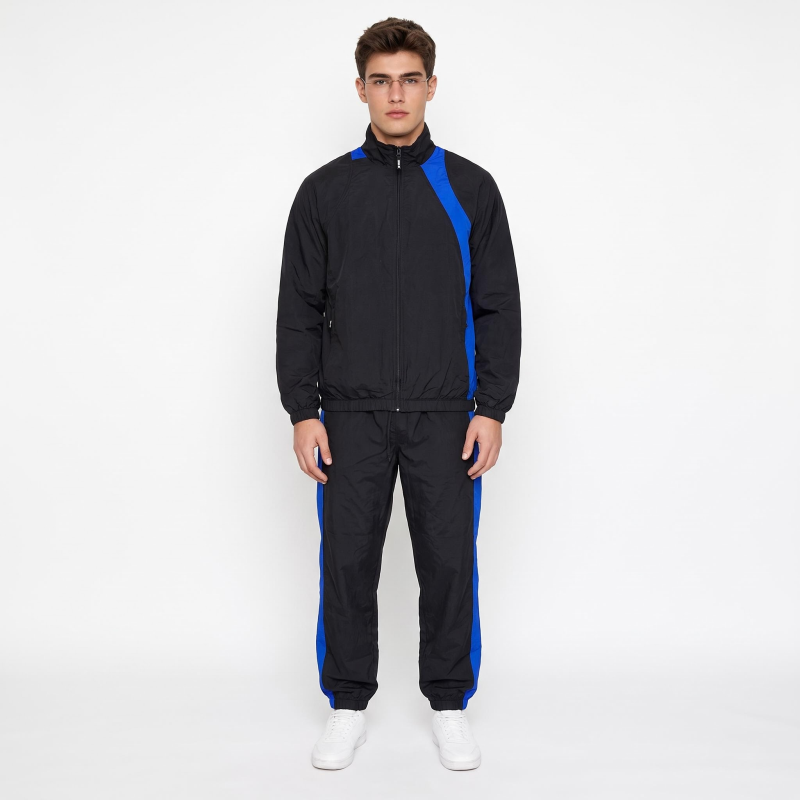 Tensuit men black blue color block nylon tracksuit front view model shot