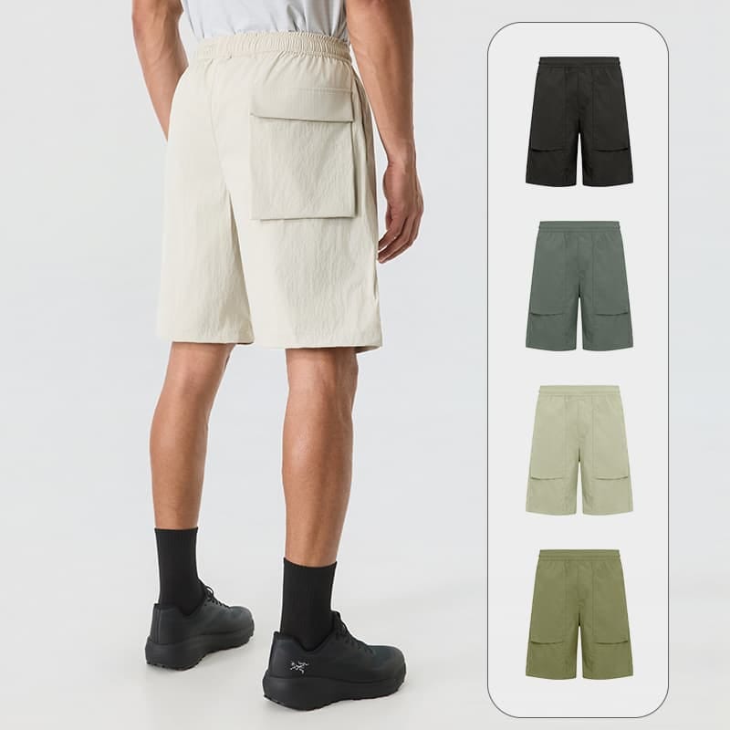 Male model wearing Tensuit beige outdoor cargo shorts back view with all 4 color options