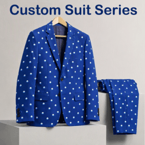Tensuit custom sublimation print blue polka dot men 2-piece wool blend suit, blazer and trousers on display