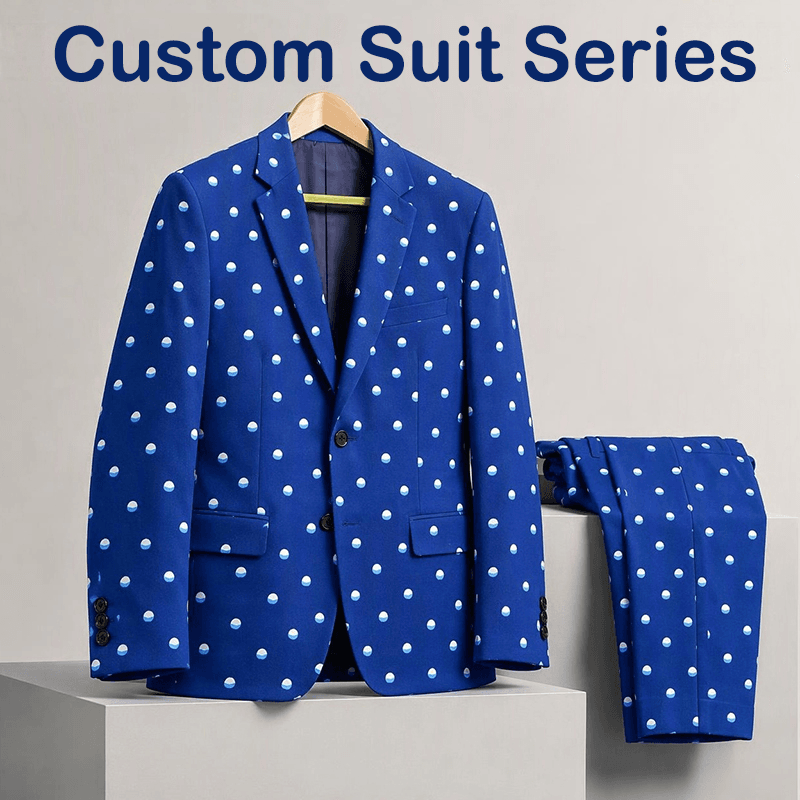Tensuit custom sublimation print blue polka dot men 2-piece wool blend suit, blazer and trousers on display