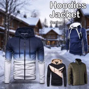 Tensuit Hoodies & Jacket Series collection banner, winter snow wooden house background, men custom winter hoodies and padded jackets