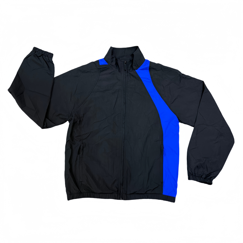 Tensuit black blue color block nylon windbreaker jacket flat front view