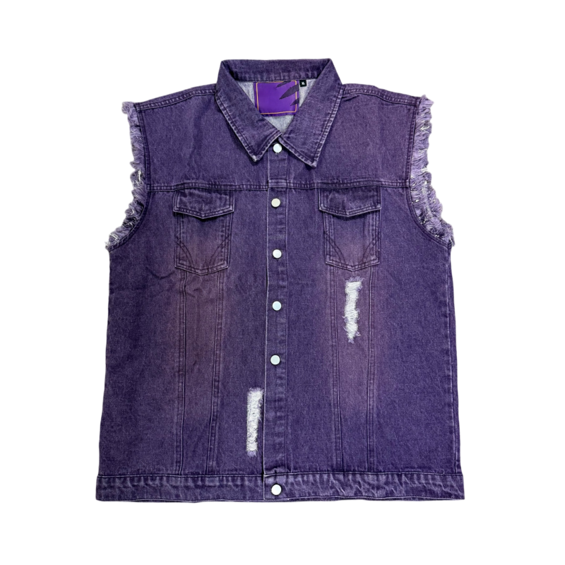 Tensuit purple distressed denim vest front view, frayed raw edge sleeveless denim waistcoat for men