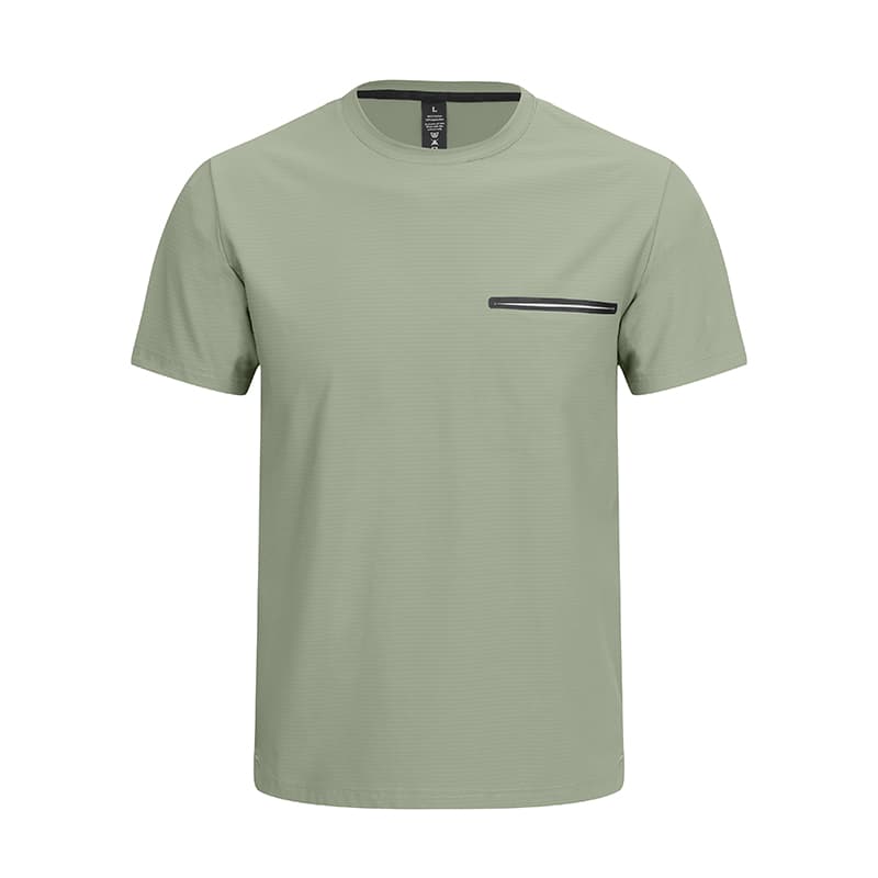 Tensuit P178 gray green men quick dry t-shirt front view with horizontal zipper chest pocket